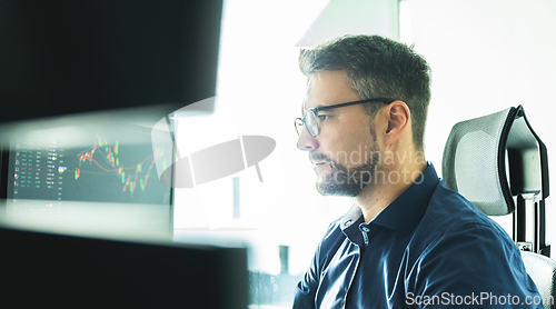 Image of Stock broker trading online watching charts and data analyses on multiple computer screens.