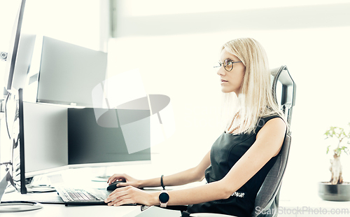 Image of Female financial assets manager, trading online, watching charts and data analyses on multiple computer screens. Modern corporate business woman concept.
