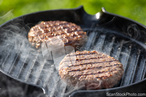 Image of burger meat on grill pan