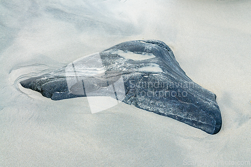 Image of A large, dark grey rock sits on a bed of white sand, creating a 