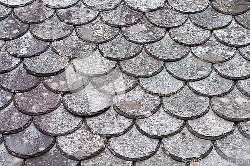 Image of Beautifully crafted circular slate tiles on an old building roof