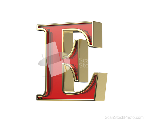 Image of Red glass letter E with a shiny golden frame