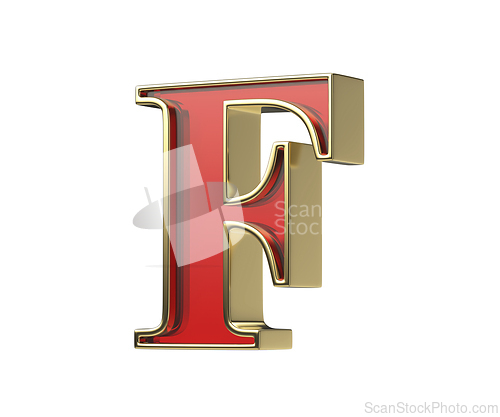 Image of Red glass letter F with a shiny golden frame