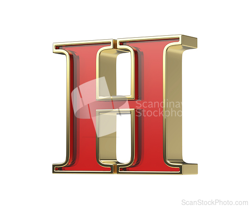 Image of Red glass letter H with a shiny golden frame