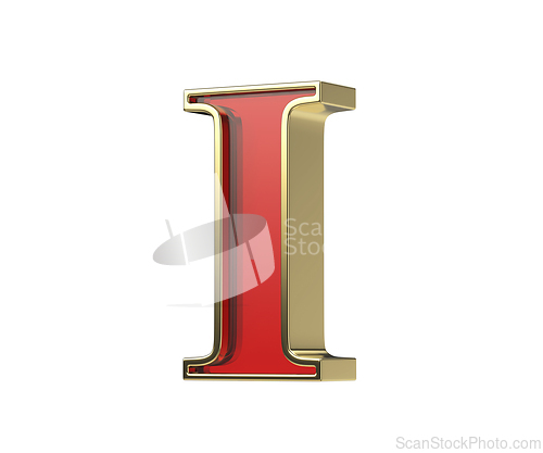 Image of Red glass letter I with a shiny golden frame