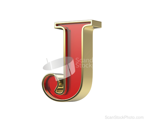Image of Red glass letter J with a shiny golden frame