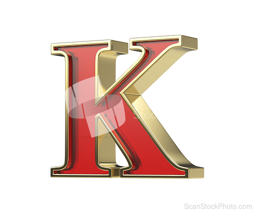 Image of Red glass letter K with a shiny golden frame