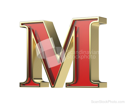 Image of Red glass letter M with a shiny golden frame