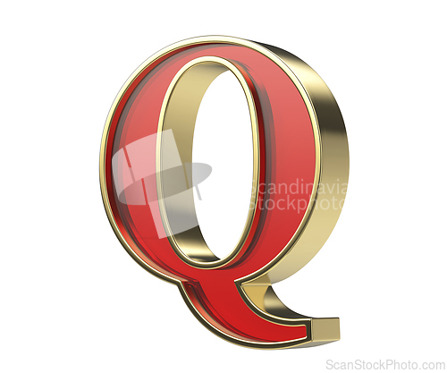 Image of Red glass letter Q with a shiny golden frame
