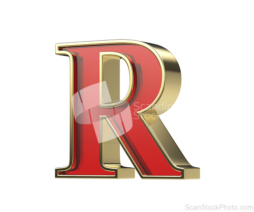 Image of Red glass letter R with a shiny golden frame