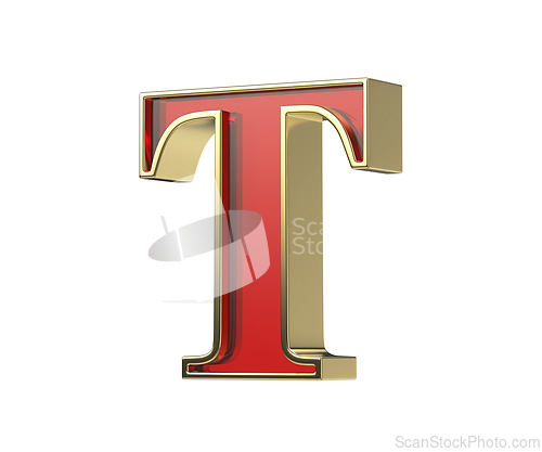 Image of Red glass letter T with a shiny golden frame