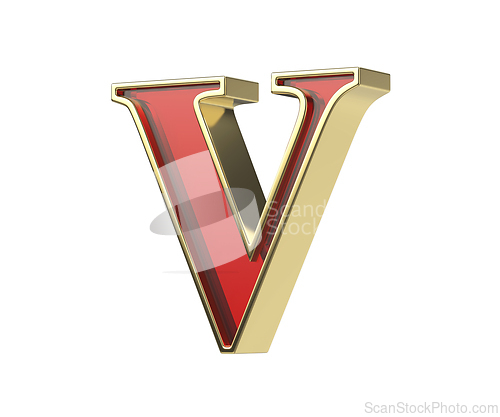Image of Red glass letter V with a shiny golden frame