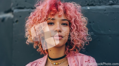 Image of Adult Latino Woman with Pink Curly Hair 1990s style Illustration.