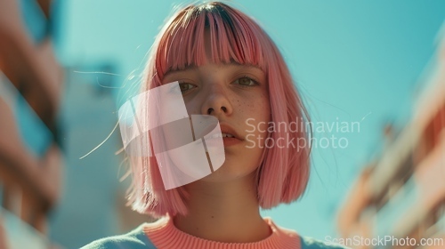 Image of Adult Latino Woman with Pink Straight Hair 1990s style Illustration.