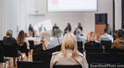 Image of Round table discussion at business convention and Presentation. Audience at the conference hall. Business and entrepreneurship symposium