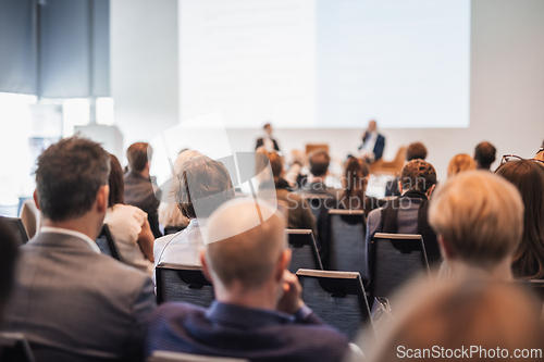 Image of Interview and round table discussion at business convention and presentation. Audience at the conference hall. Business and entrepreneurship symposium