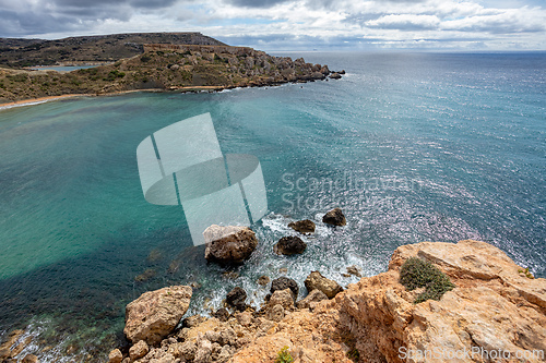 Image of Golden Bay and beach (Ghajn Tuffieha) with turquoise, azure sea. Malta
