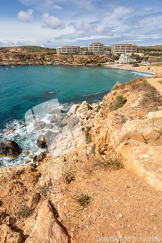 Image of Golden Bay and beach (Ghajn Tuffieha) with turquoise, azure sea. Malta