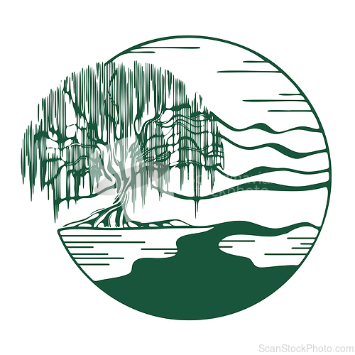 Image of willow on the river bank with mountains in the background