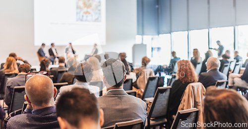 Image of Interview and round table discussion at business convention and presentation. Audience at the conference hall. Business and entrepreneurship symposium