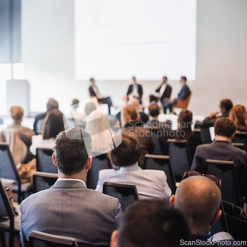Image of Interview and round table discussion at business convention and presentation. Audience at the conference hall. Business and entrepreneurship symposium