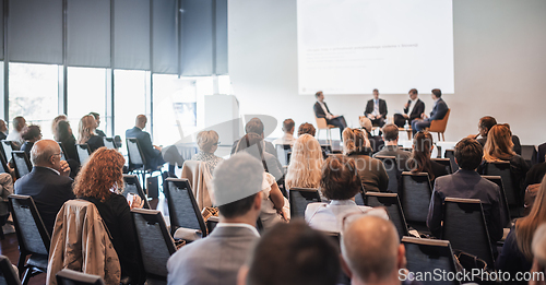Image of Interview and round table discussion at business convention and presentation. Audience at the conference hall. Business and entrepreneurship symposium