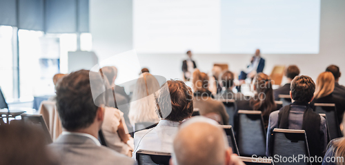 Image of Interview and round table discussion at business convention and presentation. Audience at the conference hall. Business and entrepreneurship symposium