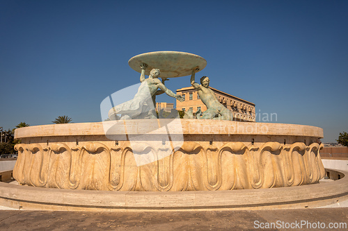 Image of Triton Fountain landmark features three bronze mythological figures. Valletta, Malta