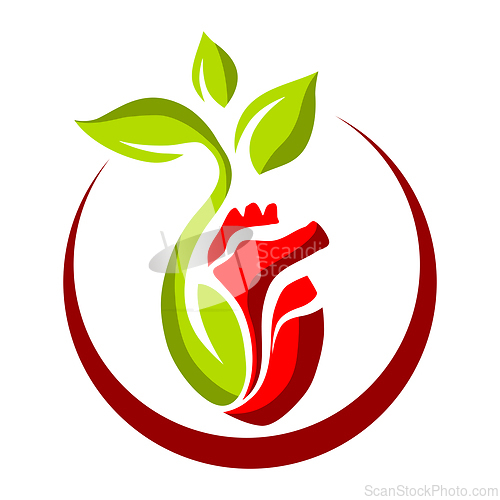 Image of Abstract symbol of heart and sprig with leaves