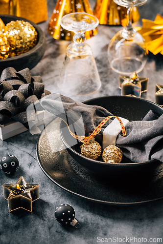 Image of Elegant place setting for Christmas, New Years Eve, glasses of sparkling wine