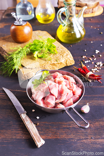 Image of raw meat in metal bowl, meat and herb and spices