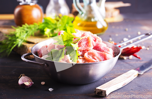 Image of raw meat in metal bowl, meat and herb and spices