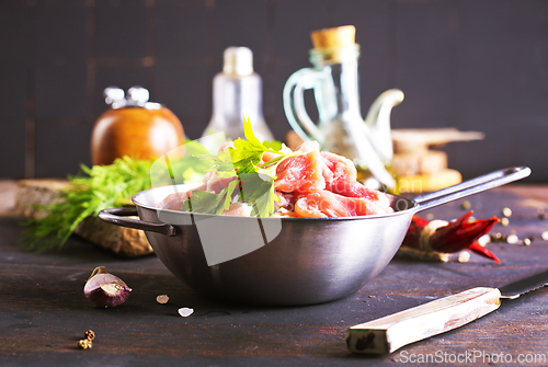 Image of raw meat in metal bowl, meat and herb and spices