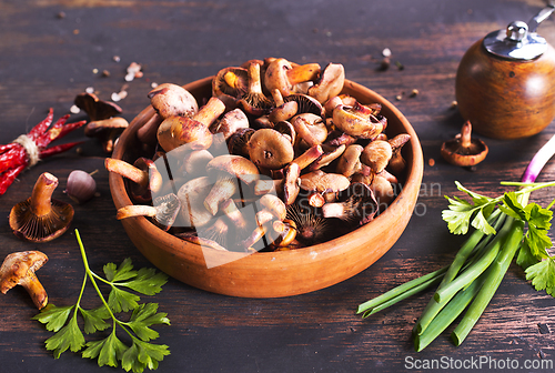 Image of edible mushroom in bowl on a table