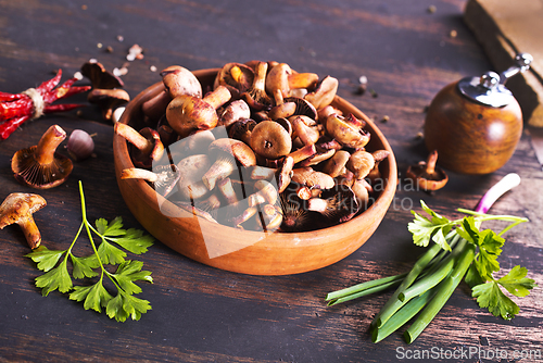 Image of edible mushroom in bowl on a table