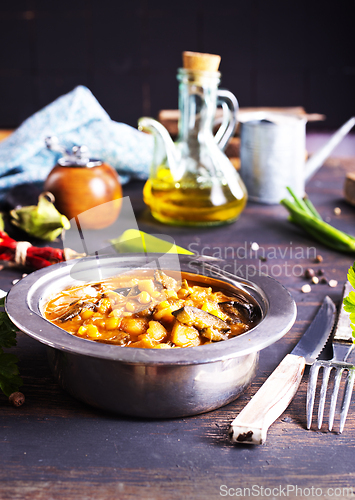 Image of Vegetable stew. in metal bowl. Hot foodstuff.