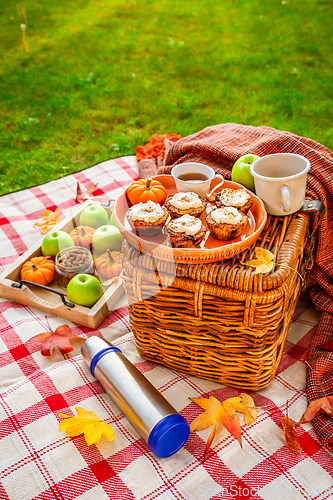 Image of Autumn picnic in a park with pumpkin cupcakes and muffins, coffee and tea