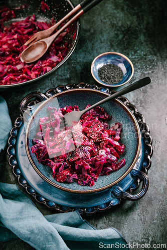 Image of Homemade pickled red cabbage with chili, garlic and sesame seeds