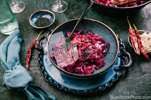 Image of Homemade pickled red cabbage with chili, garlic and sesame seeds