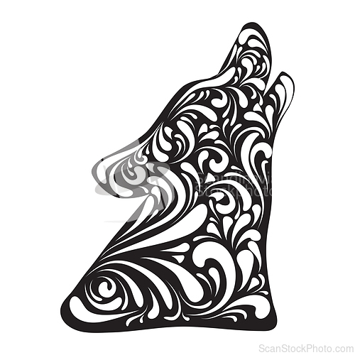 Image of Ornamental head of howling wolf over white