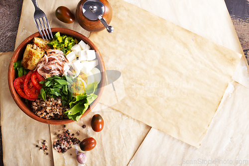 Image of Delicious healthy breakfasts, buckwheat with boiled egg and meat and cheese