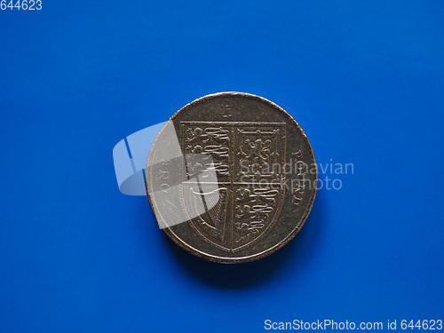 Image of One Pound (GBP) coin, United Kingdom (UK) over blue
