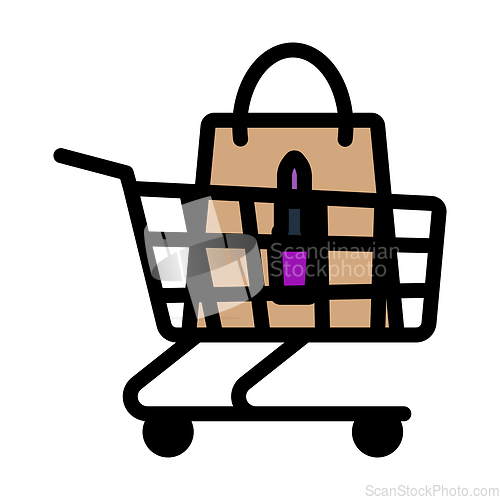 Image of Shopping Cart With Bag Of Cosmetics Icon