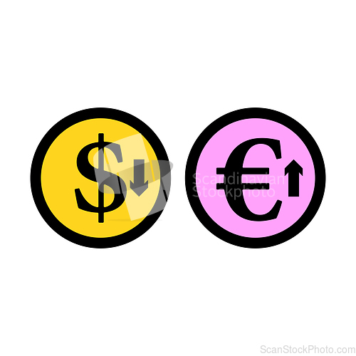 Image of Falling Dollar And Growth Up Euro Coins Icon