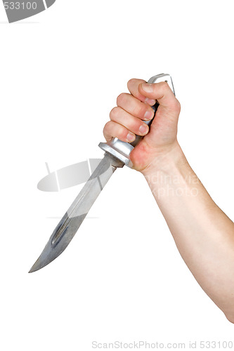 Image of Knife in a man's fist. Isolated on white