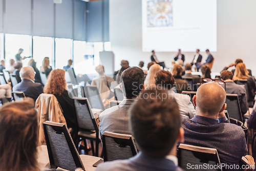 Image of Interview and round table discussion at business convention and presentation. Audience at the conference hall. Business and entrepreneurship symposium