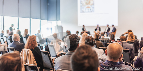 Image of Interview and round table discussion at business convention and presentation. Audience at the conference hall. Business and entrepreneurship symposium