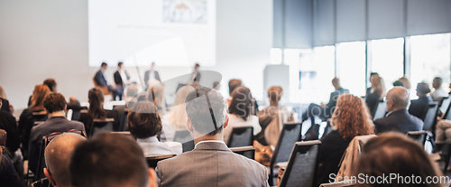 Image of Interview and round table discussion at business convention and presentation. Audience at the conference hall. Business and entrepreneurship symposium