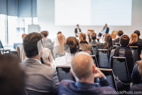 Image of Interview and round table discussion at business convention and presentation. Audience at the conference hall. Business and entrepreneurship symposium