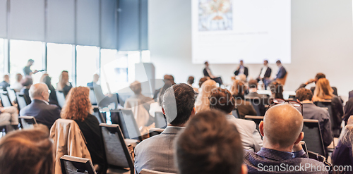 Image of Interview and round table discussion at business convention and presentation. Audience at the conference hall. Business and entrepreneurship symposium